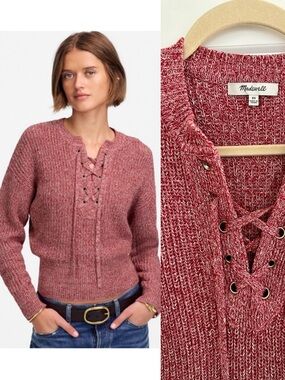 Madewell Lace-Up Ribbed Knit Cotton Red & White Marled Sweater